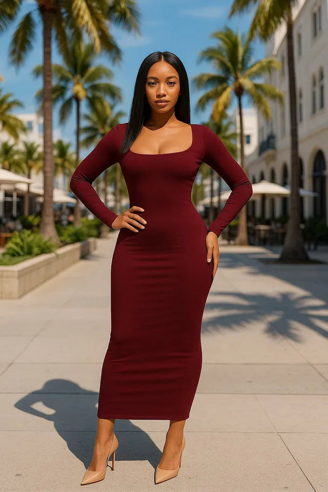 Chic Basic Minimalist Scoop Neck Long Dress - Ankle-Length Knit