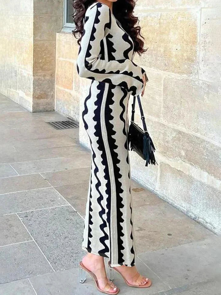 Spring and Autumn New Women's Black and Gray Wave Stripe Fashion Print Dress European and American Style Slim Elegant Long Sleeve Dress