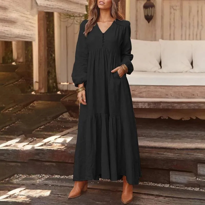 New Autumn Winter Women's Long Dress Retro Fashion V-neck Button Long-sleeved Dress Casual Wide Swing Cotton Long Dress