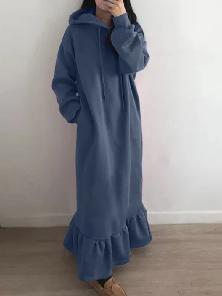 2024 Autumn and Winter New Women's Elegant Loose Long Dress Solid Color Hooded Commuting Style Straight Pocket Long Hoodie