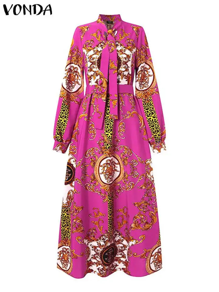 VONDA Maxi Dress 2024 Summer Women Bohemian Printed Party Sundress Long Sleeve Stand Collar Casual Robe Holiday Vestidos Belted