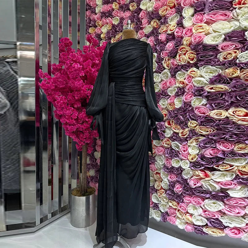 LGRQ 2025 new autumn and winter round neck pleated fold floor length party dress lantern sleeves high waist vestido