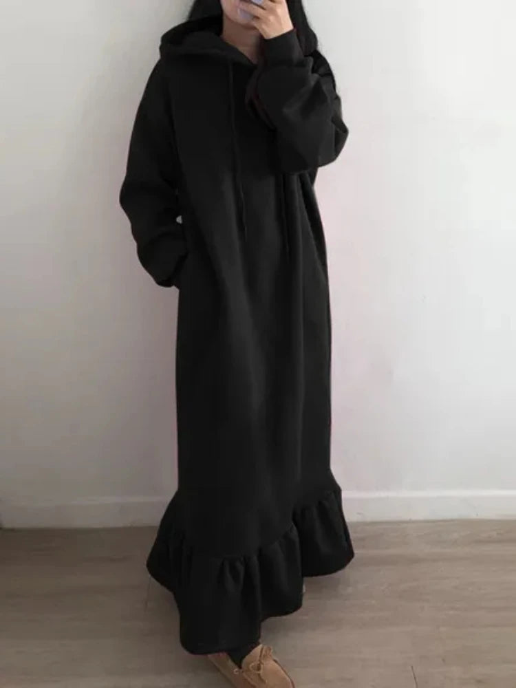 2024 Autumn and Winter New Women's Elegant Loose Long Dress Solid Color Hooded Commuting Style Straight Pocket Long Hoodie