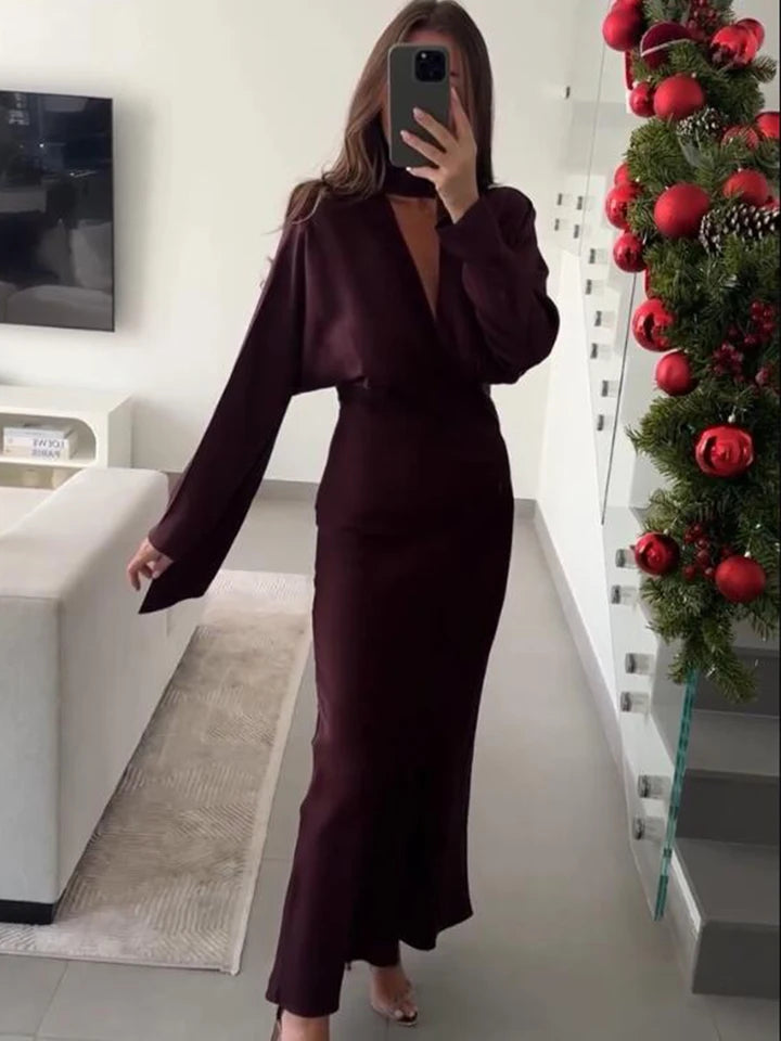 2025 New Women Fashion Satin V neck Dress Long Dresses With Scarf Chic Elegant Dresses Women Long Sleeve Casual Dress