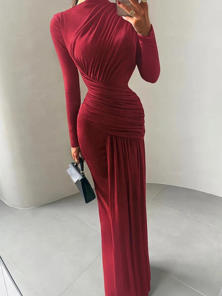 Sisterlinda Folds Maxi Dress Women o-Neck Full Sleeve Solid Banquet Elegant Vacation Fashion Autumn Skinny Casual Simple Vestido