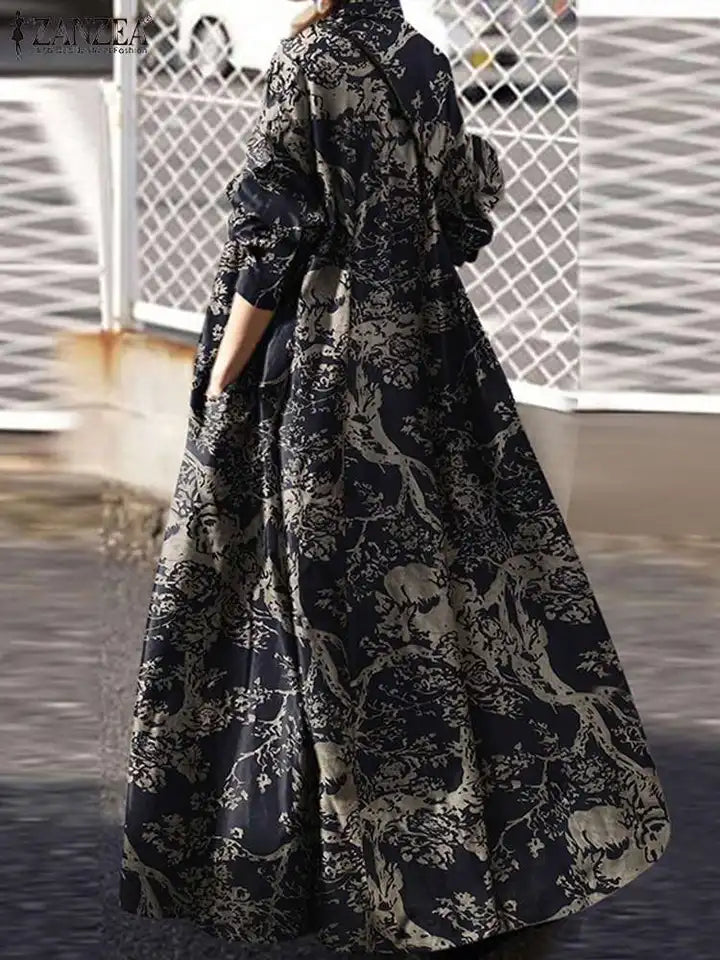 2024 Autumn Maxi Sundress ZANZEA Vintage Long Shirt Dress Women Floral Printed Cotton Long Sleeve Vestidos Female Holiday Robe