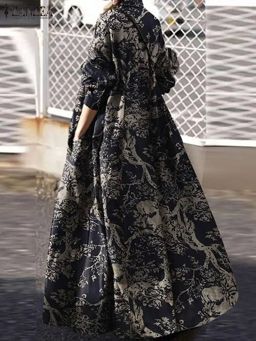2024 Autumn Maxi Sundress ZANZEA Vintage Long Shirt Dress Women Floral Printed Cotton Long Sleeve Vestidos Female Holiday Robe