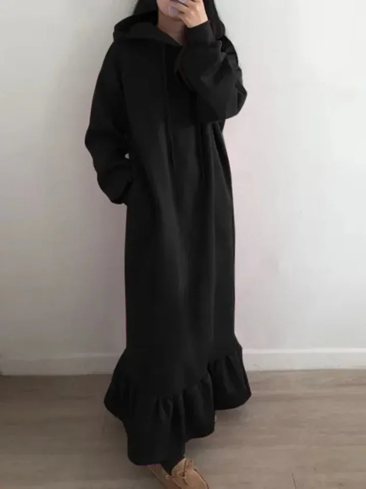 2024 Autumn and Winter New Women's Elegant Loose Long Dress Solid Color Hooded Commuting Style Straight Pocket Long Hoodie