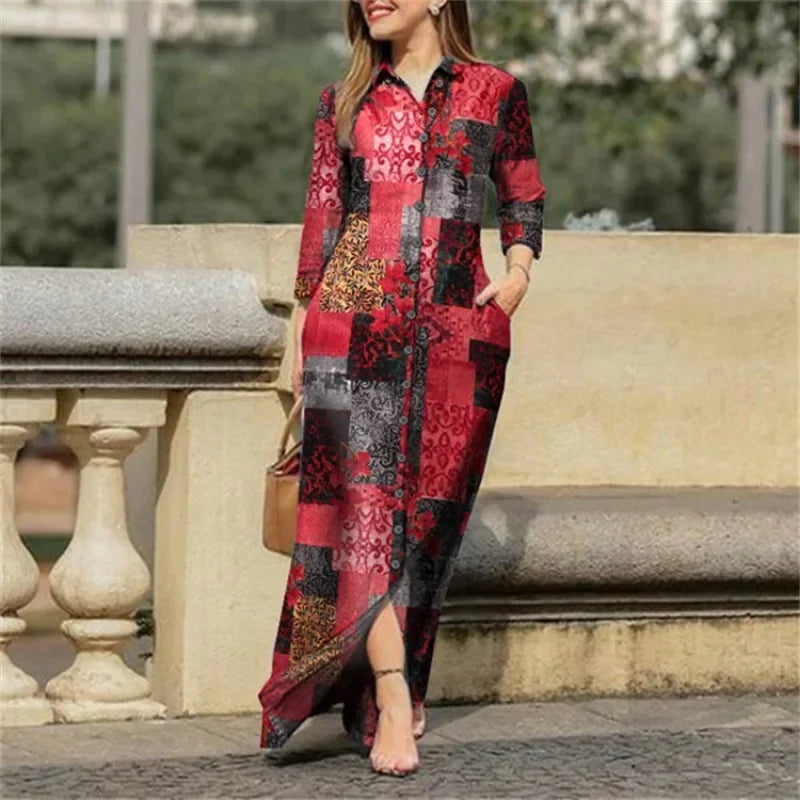 Women's Casual Patchwork Printed Loose Long Dress with Long Sleeves Lapel Buttons Fashion Party Ankle-Length Dresses