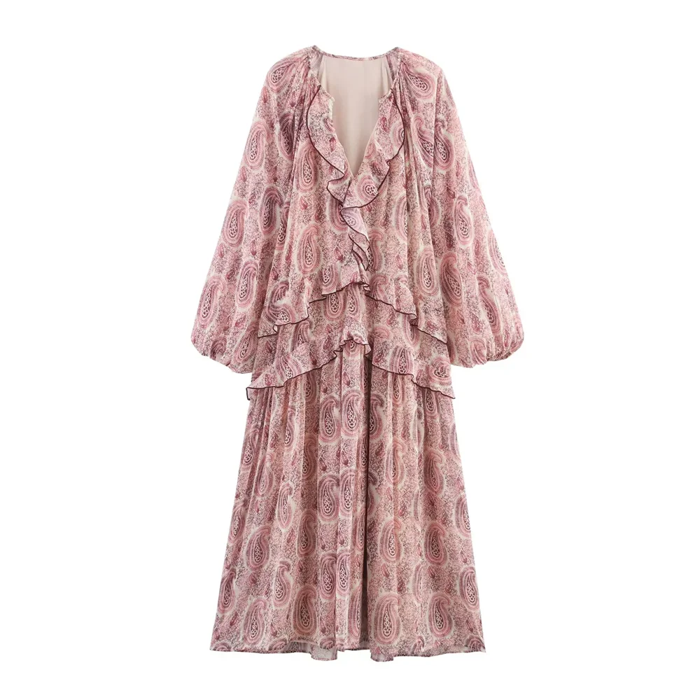 BM&MD&ZA2025Temperament Layered Decorative Printing Loose Long Sleeve V-Neck Dress Summer New Arrival Women's Clothing