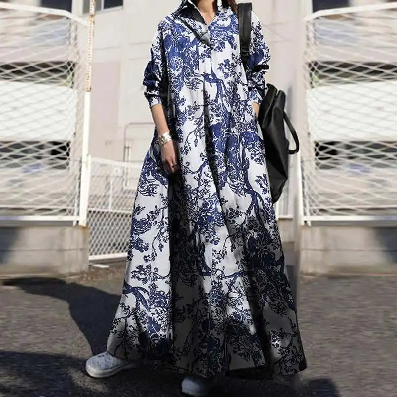 2024 Autumn Maxi Sundress ZANZEA Vintage Long Shirt Dress Women Floral Printed Cotton Long Sleeve Vestidos Female Holiday Robe