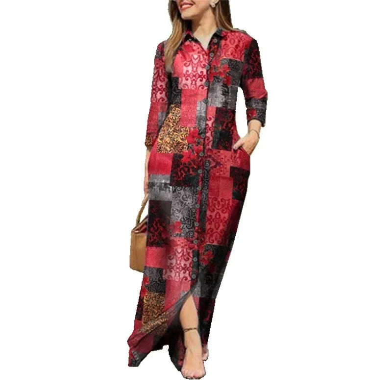 Women's Casual Patchwork Printed Loose Long Dress with Long Sleeves Lapel Buttons Fashion Party Ankle-Length Dresses