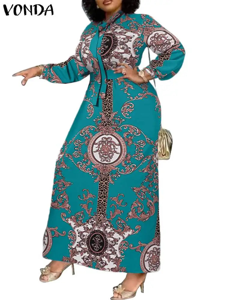 VONDA Maxi Dress 2024 Summer Women Bohemian Printed Party Sundress Long Sleeve Stand Collar Casual Robe Holiday Vestidos Belted