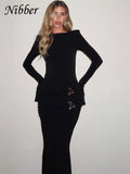Nibber Vintage Elegant Dress Women Fall Flared Full Sleeve Metal Buckle Pleats Solid Casual Simple Trend Skinny Long Bodycon