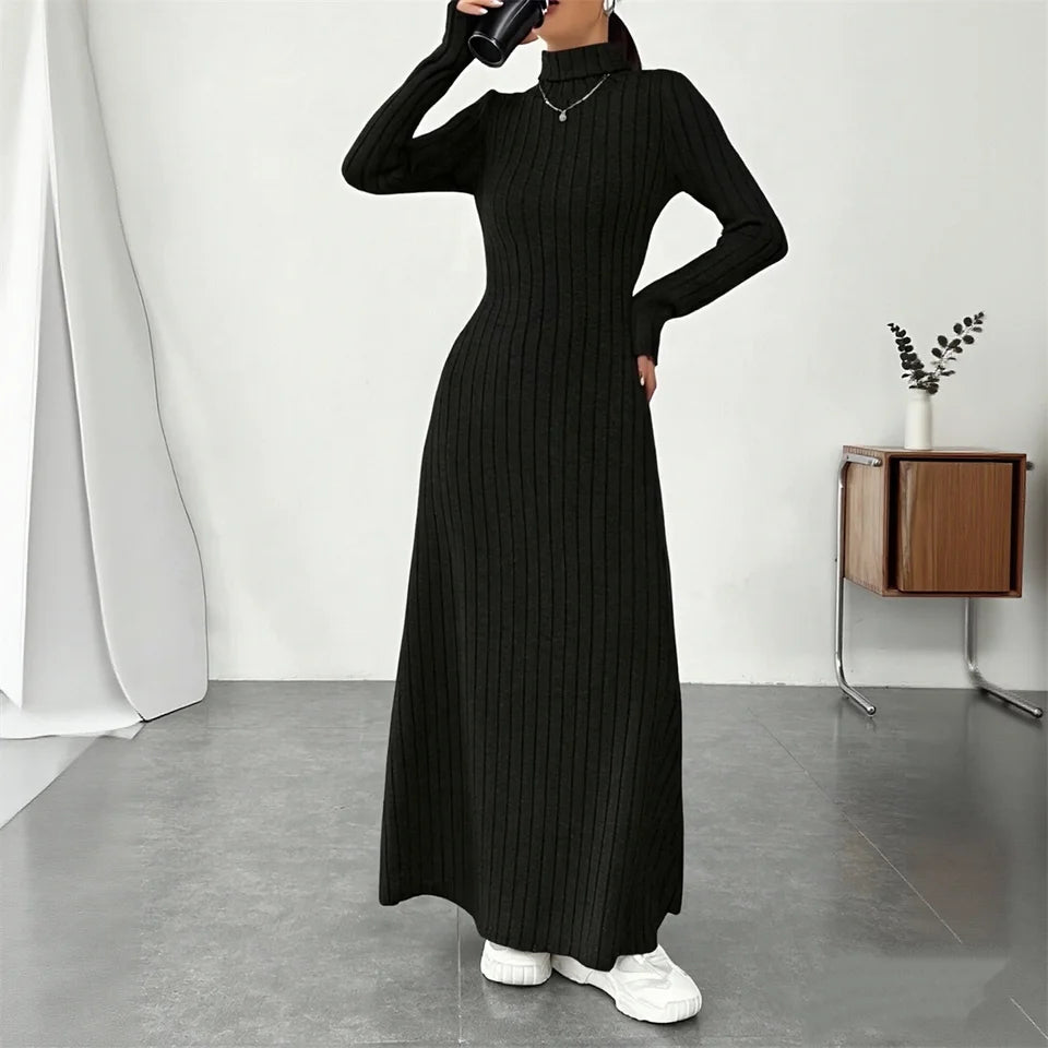 Knitted Elegant Long Sleeve Dress Women 2025 Autumn Winter Vintage Dresses Turtleneck Fashion Solid Vestidos Casual Street Y2K