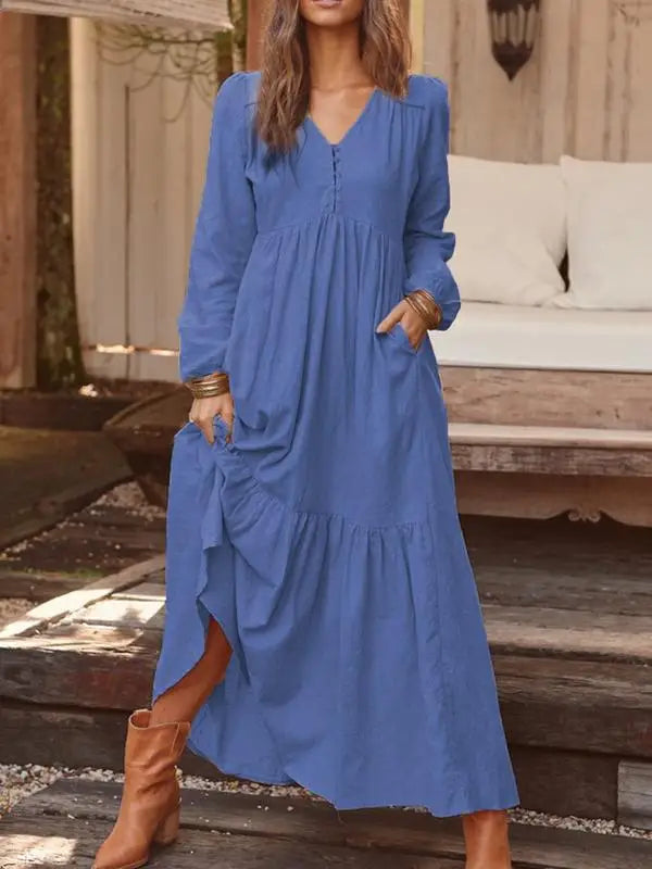 New Autumn Winter Women's Long Dress Retro Fashion V-neck Button Long-sleeved Dress Casual Wide Swing Cotton Long Dress