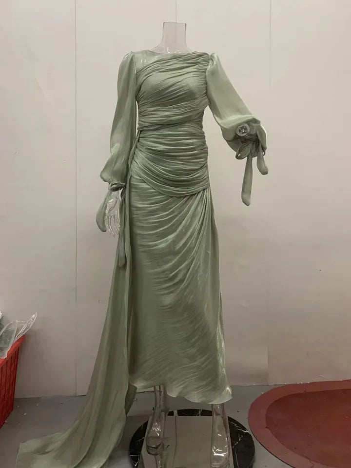 LGRQ 2025 new autumn and winter round neck pleated fold floor length party dress lantern sleeves high waist vestido