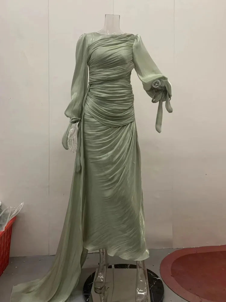 LGRQ 2025 new autumn and winter round neck pleated fold floor length party dress lantern sleeves high waist vestido