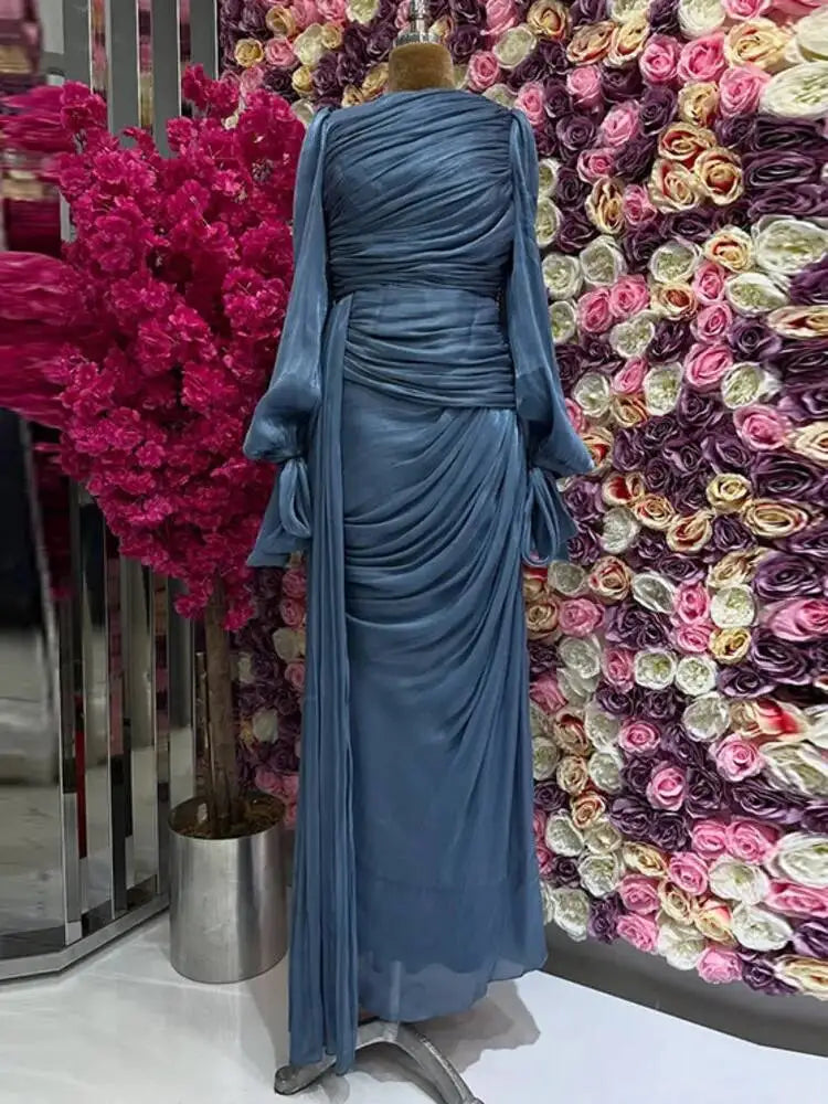 LGRQ 2025 new autumn and winter round neck pleated fold floor length party dress lantern sleeves high waist vestido