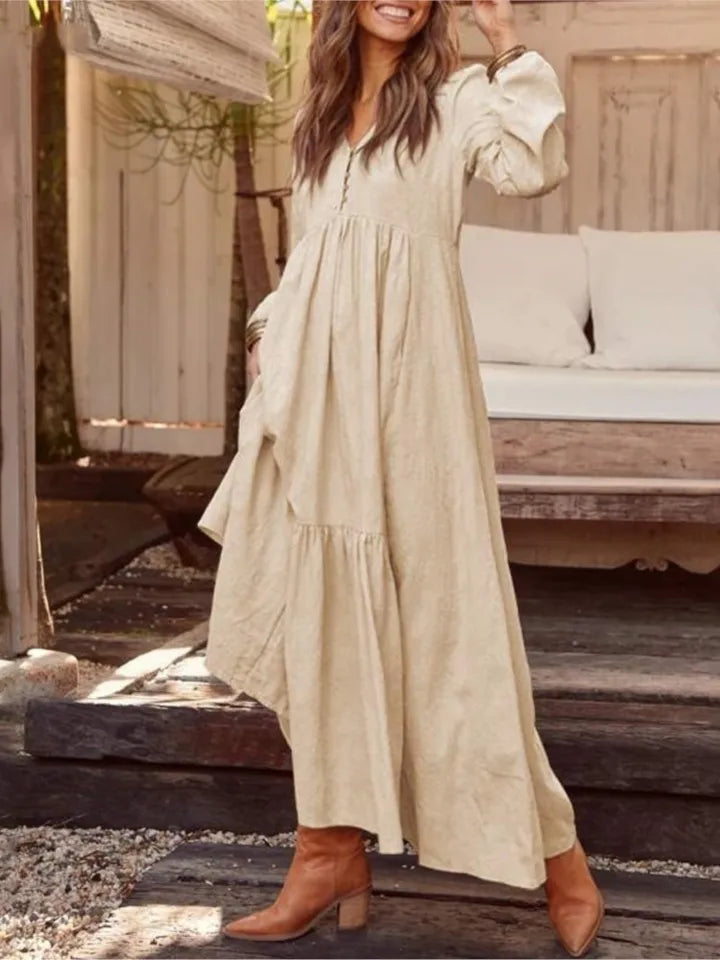 New Autumn Winter Women's Long Dress Retro Fashion V-neck Button Long-sleeved Dress Casual Wide Swing Cotton Long Dress