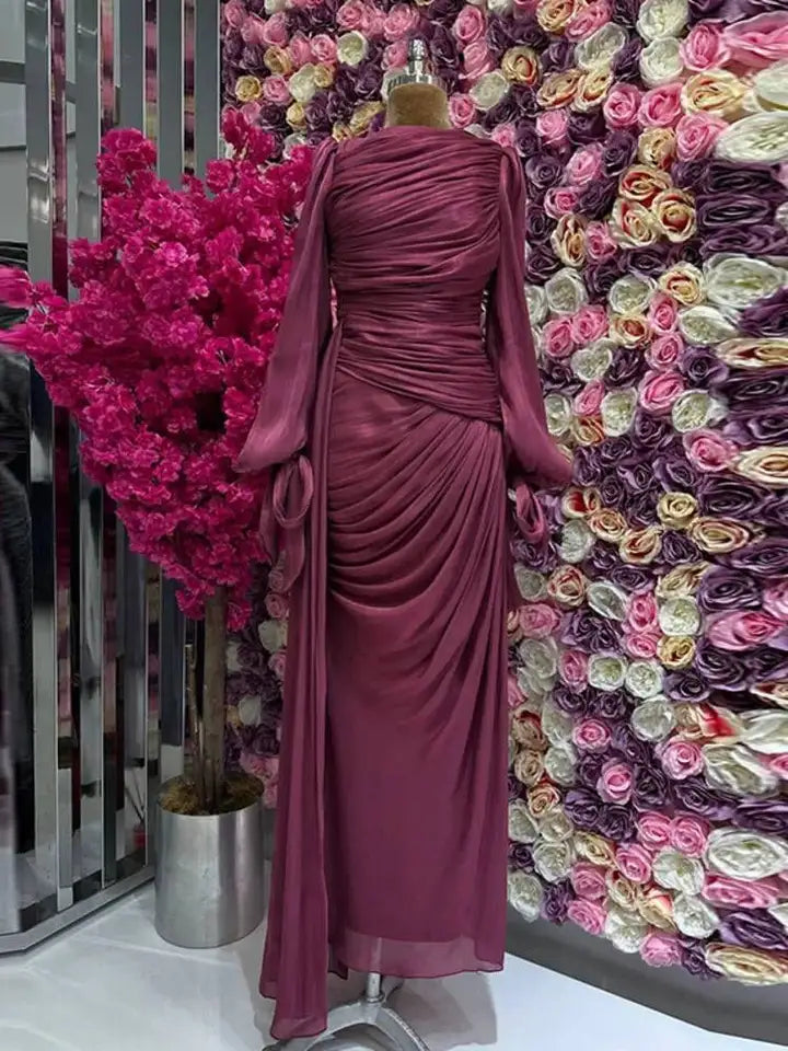 LGRQ 2025 new autumn and winter round neck pleated fold floor length party dress lantern sleeves high waist vestido