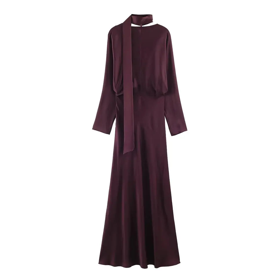 2025 New Women Fashion Satin V neck Dress Long Dresses With Scarf Chic Elegant Dresses Women Long Sleeve Casual Dress