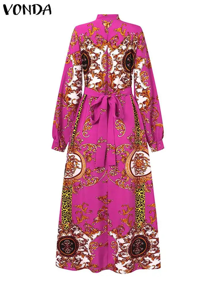 VONDA Maxi Dress 2024 Summer Women Bohemian Printed Party Sundress Long Sleeve Stand Collar Casual Robe Holiday Vestidos Belted