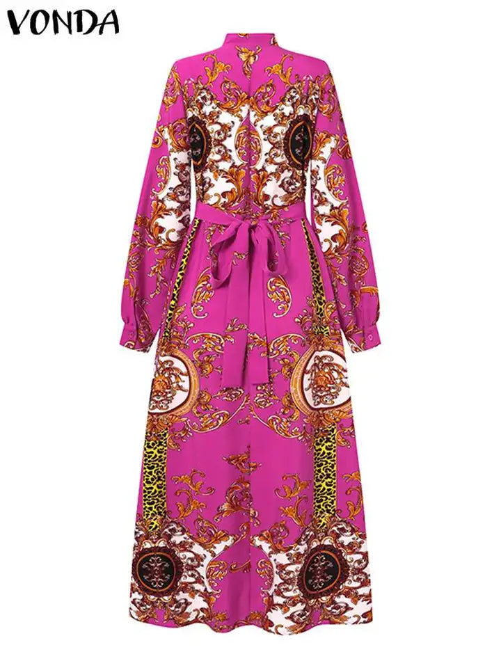 VONDA Maxi Dress 2024 Summer Women Bohemian Printed Party Sundress Long Sleeve Stand Collar Casual Robe Holiday Vestidos Belted