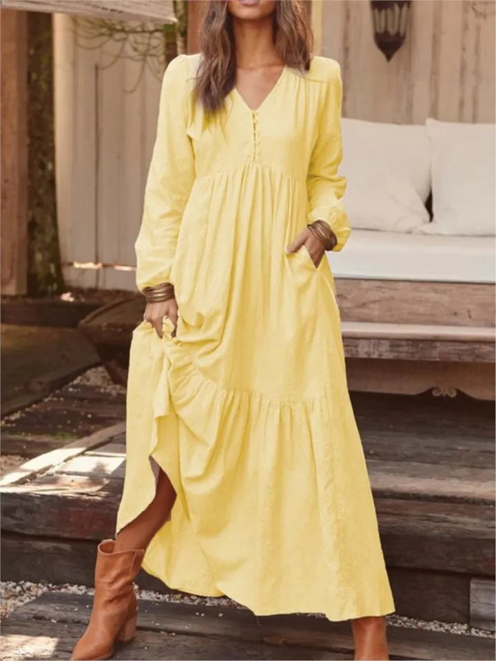 New Autumn Winter Women's Long Dress Retro Fashion V-neck Button Long-sleeved Dress Casual Wide Swing Cotton Long Dress