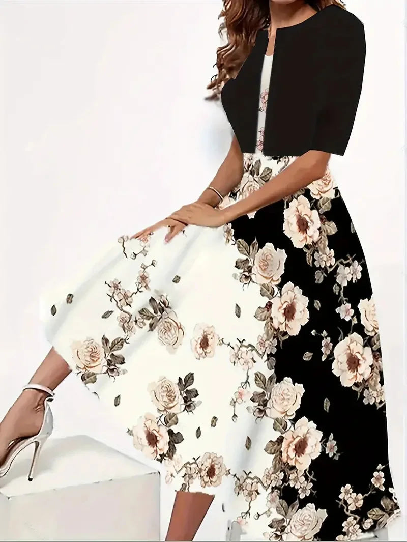 2024 Europe and the United States autumn new women's long dress two-piece set of floral print round neck dress coat women