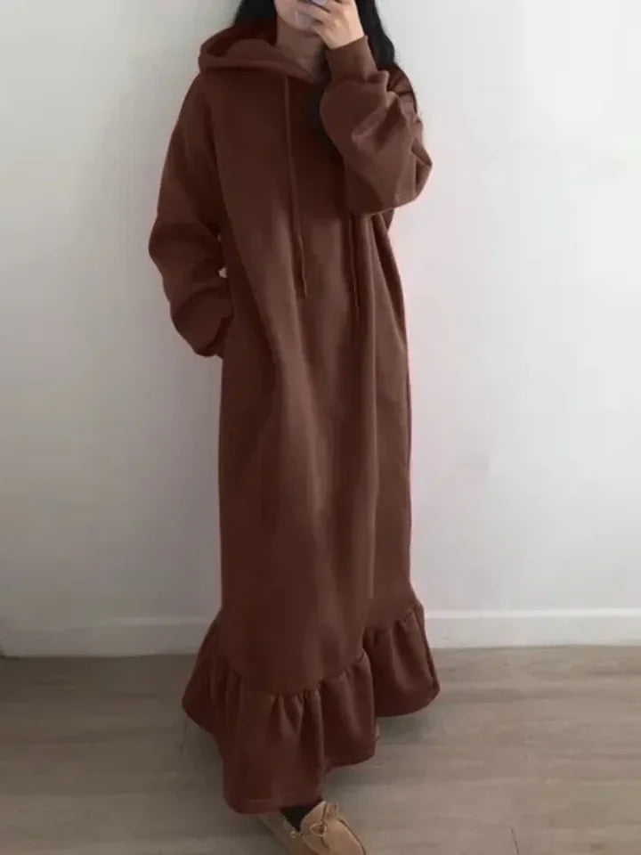 2024 Autumn and Winter New Women's Elegant Loose Long Dress Solid Color Hooded Commuting Style Straight Pocket Long Hoodie