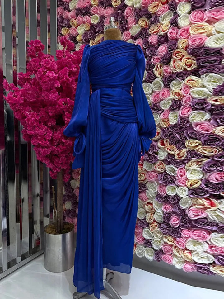 LGRQ 2025 new autumn and winter round neck pleated fold floor length party dress lantern sleeves high waist vestido