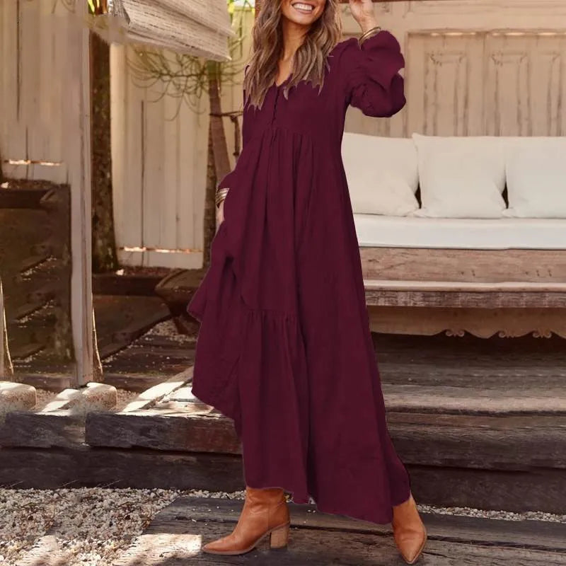 New Autumn Winter Women's Long Dress Retro Fashion V-neck Button Long-sleeved Dress Casual Wide Swing Cotton Long Dress