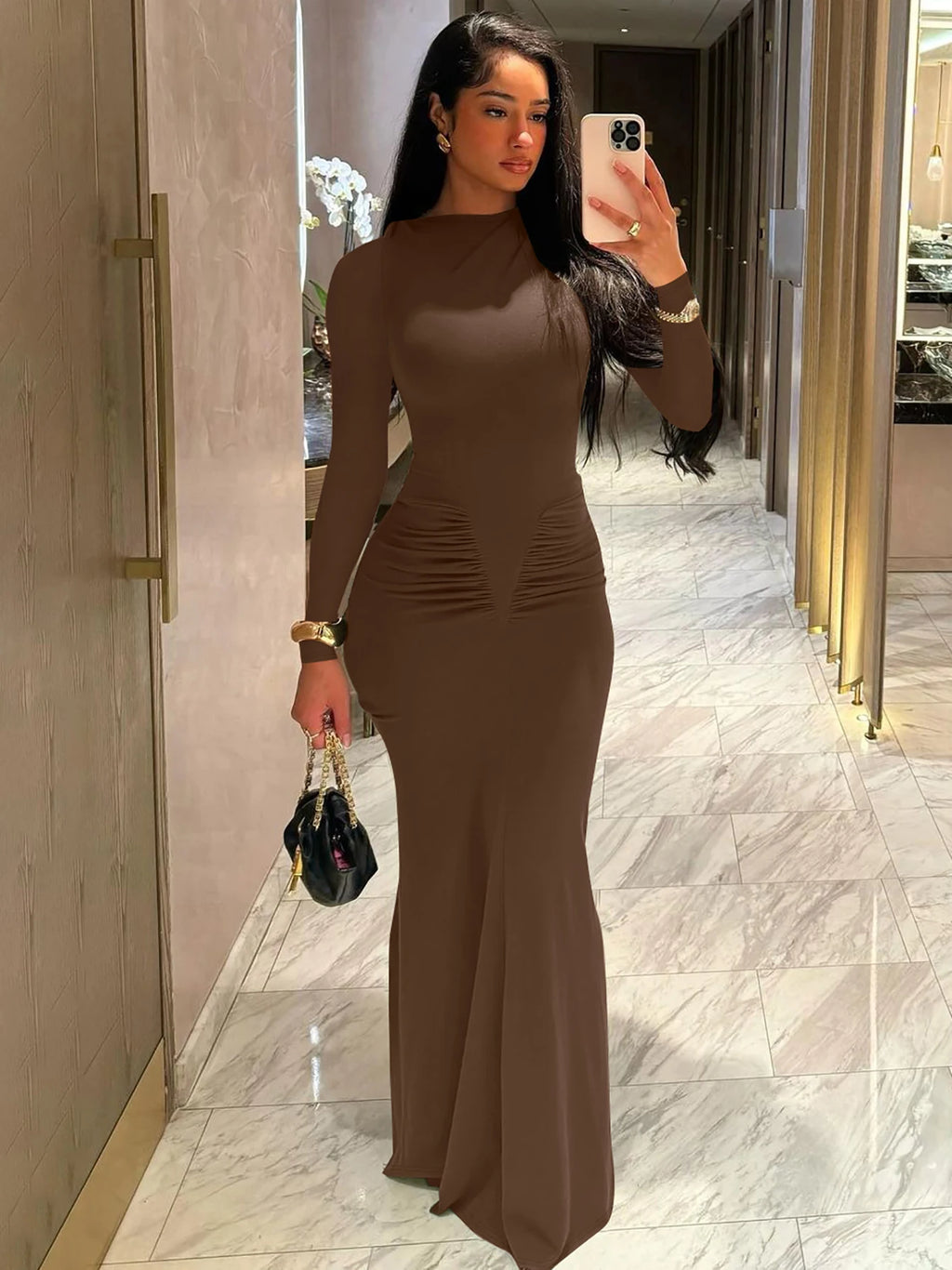 Hugcitar Autumn Solid Long Sleeve Draped Sexy Bodycon Maxi Prom Dress Women Fashion Y2K Outfits Evening Party Festival Club