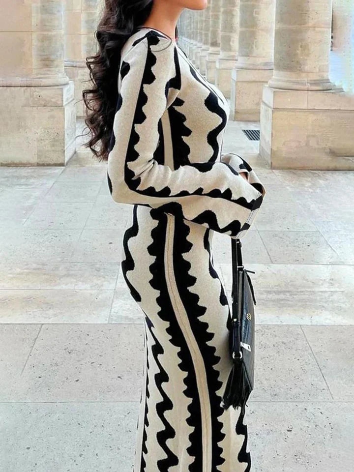 Spring and Autumn New Women's Black and Gray Wave Stripe Fashion Print Dress European and American Style Slim Elegant Long Sleeve Dress