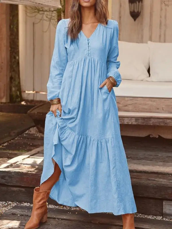 New Autumn Winter Women's Long Dress Retro Fashion V-neck Button Long-sleeved Dress Casual Wide Swing Cotton Long Dress