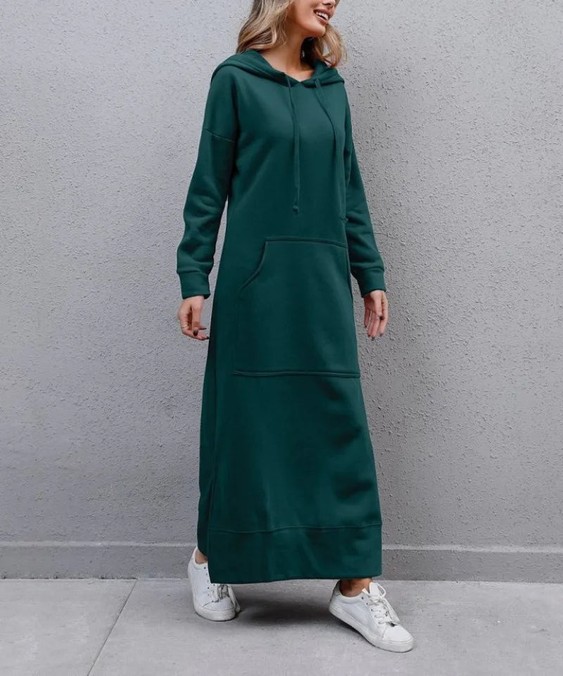 Hoodies Dress for Women Fashion  2024 Hem Lace-up Midi Robe Hooded Long Vestidos Winter Warm Casual Loose Sweatshirt Dress
