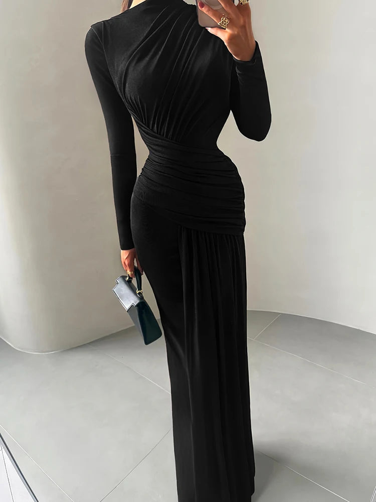 Sisterlinda Folds Maxi Dress Women o-Neck Full Sleeve Solid Banquet Elegant Vacation Fashion Autumn Skinny Casual Simple Vestido