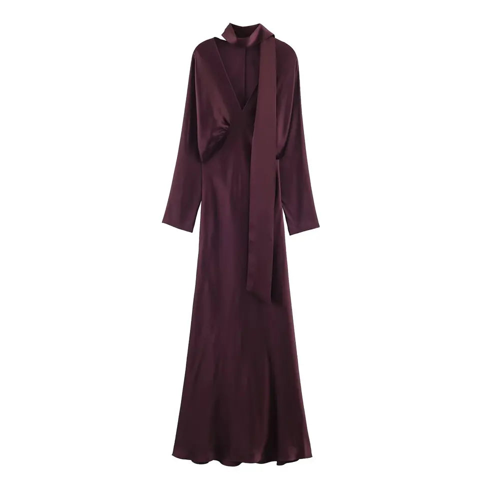 2025 New Women Fashion Satin V neck Dress Long Dresses With Scarf Chic Elegant Dresses Women Long Sleeve Casual Dress
