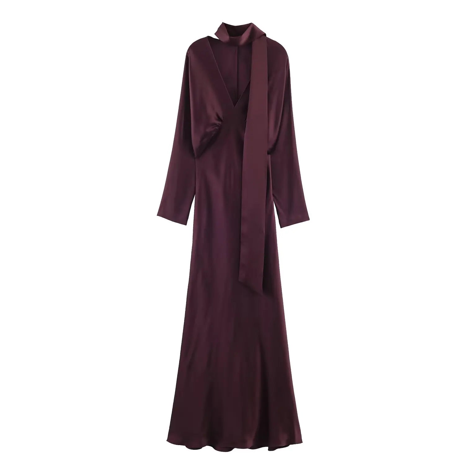 2025 New Women Fashion Satin V neck Dress Long Dresses With Scarf Chic Elegant Dresses Women Long Sleeve Casual Dress