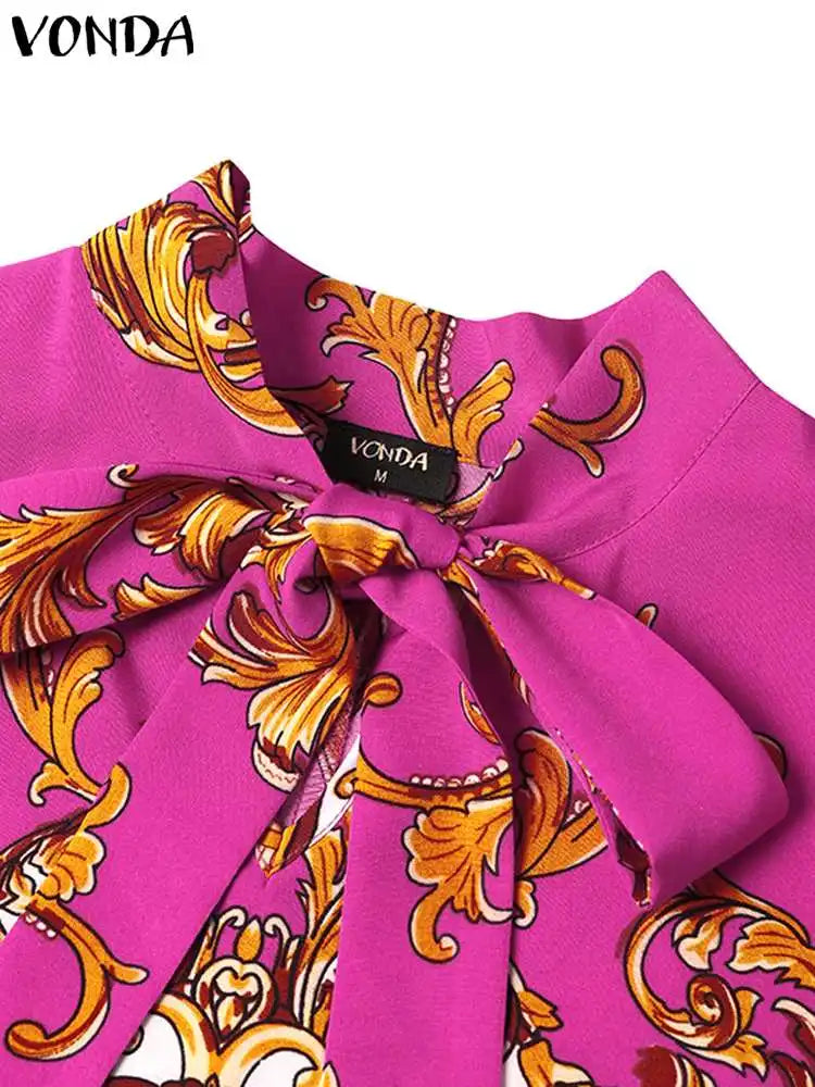 VONDA Maxi Dress 2024 Summer Women Bohemian Printed Party Sundress Long Sleeve Stand Collar Casual Robe Holiday Vestidos Belted