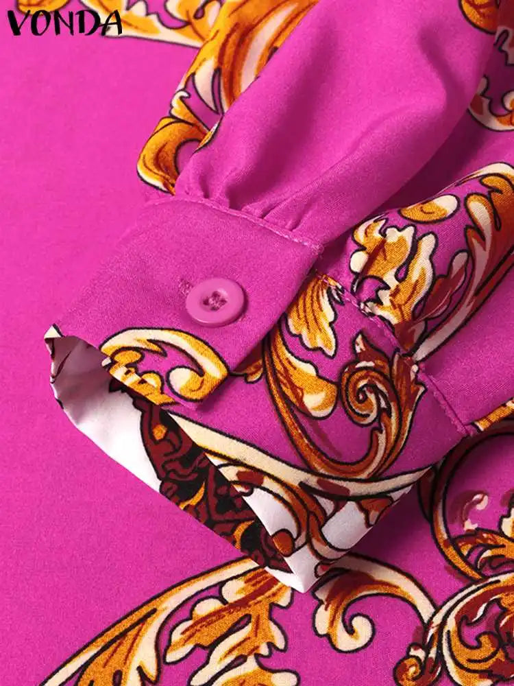 VONDA Maxi Dress 2024 Summer Women Bohemian Printed Party Sundress Long Sleeve Stand Collar Casual Robe Holiday Vestidos Belted