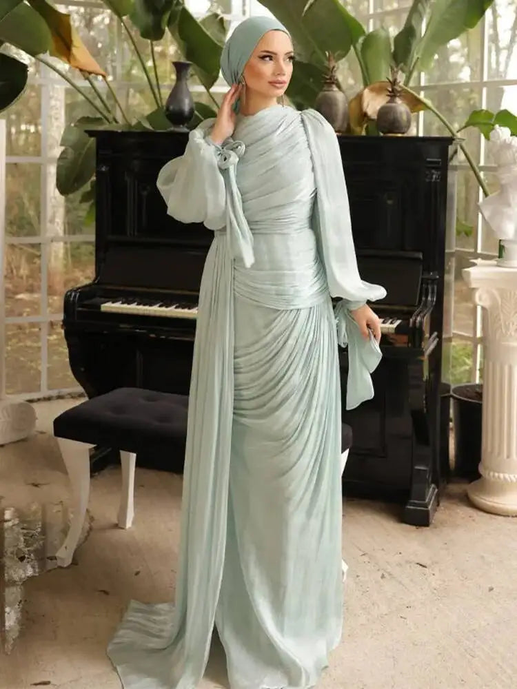 LGRQ 2025 new autumn and winter round neck pleated fold floor length party dress lantern sleeves high waist vestido