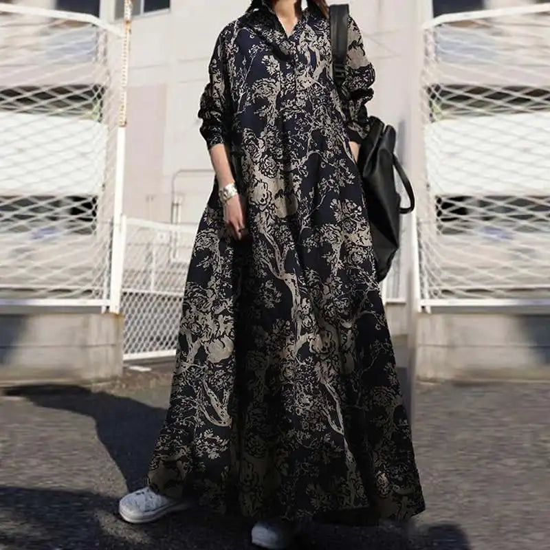 2024 Autumn Maxi Sundress ZANZEA Vintage Long Shirt Dress Women Floral Printed Cotton Long Sleeve Vestidos Female Holiday Robe