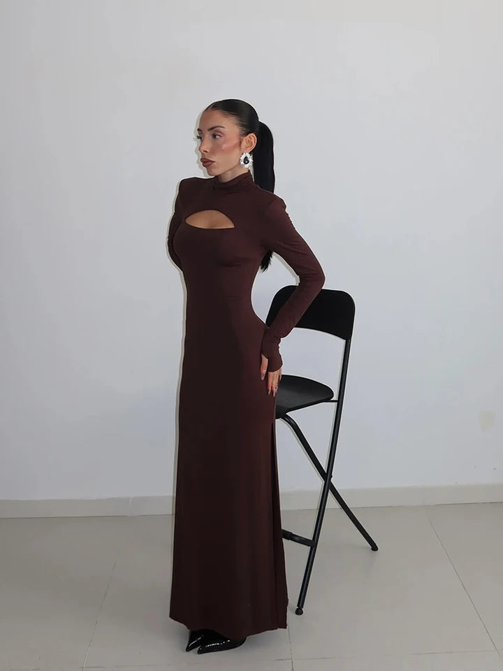 Ahagaga Sexy Sheath Women's Maxi Dresses Solid Turtleneck Regular Long Sleeves Hollow Out Slim Fit Bodycon Party Vestidos Robes