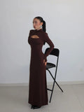Ahagaga Sexy Sheath Women's Maxi Dresses Solid Turtleneck Regular Long Sleeves Hollow Out Slim Fit Bodycon Party Vestidos Robes