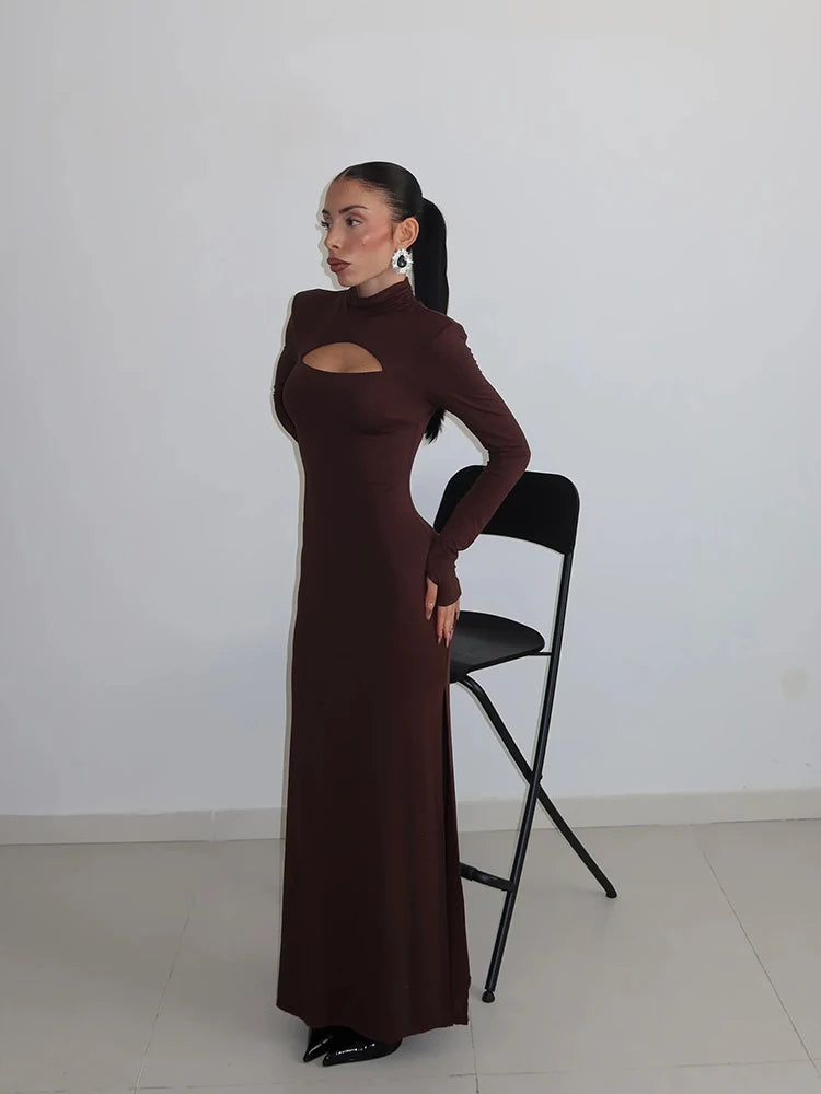 Ahagaga Sexy Sheath Women's Maxi Dresses Solid Turtleneck Regular Long Sleeves Hollow Out Slim Fit Bodycon Party Vestidos Robes