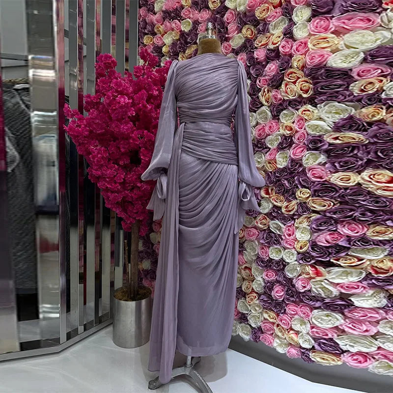 LGRQ 2025 new autumn and winter round neck pleated fold floor length party dress lantern sleeves high waist vestido