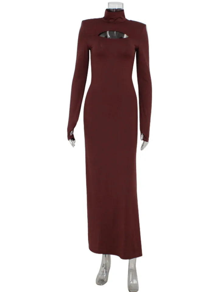 Ahagaga Sexy Sheath Women's Maxi Dresses Solid Turtleneck Regular Long Sleeves Hollow Out Slim Fit Bodycon Party Vestidos Robes