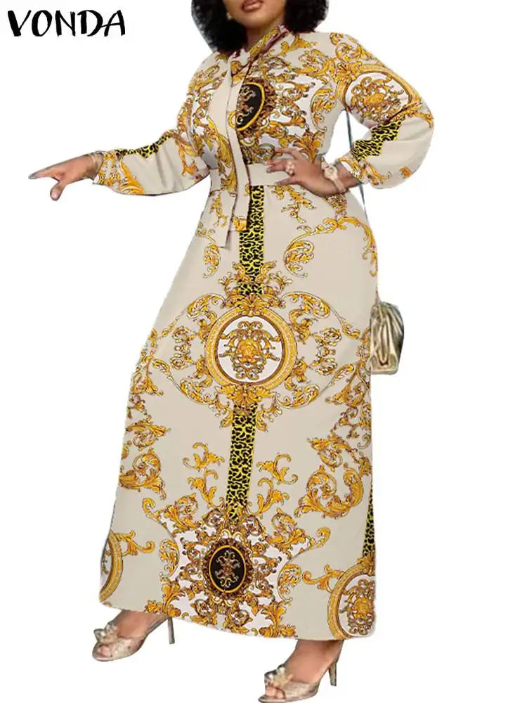 VONDA Maxi Dress 2024 Summer Women Bohemian Printed Party Sundress Long Sleeve Stand Collar Casual Robe Holiday Vestidos Belted